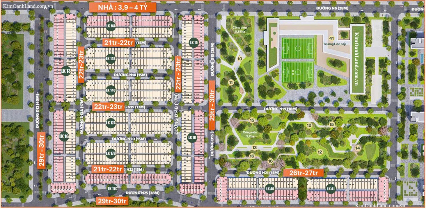 Bảng giá bán (dự kiến) đất nền & nhà phố xây sẵn tại dự án The Link City Dầu Giây do Kim Oanh Land phát triển giai đoạn 4